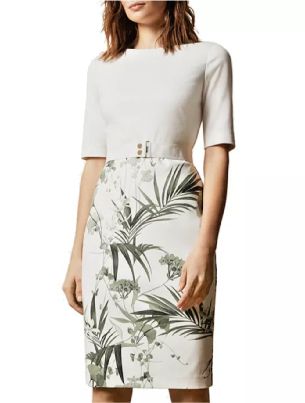 Ted Baker Tyyraa Highland Ivory & Green Floral Print Belted Sheath Dress, Size 0